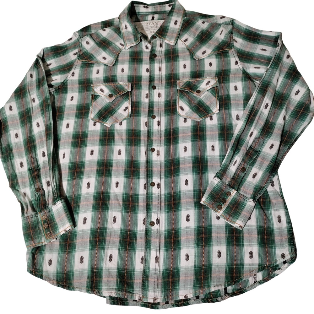 Ryan Michael Mens XL Green Plaid Southwest Embroidered Western Snap Shirt Cotton